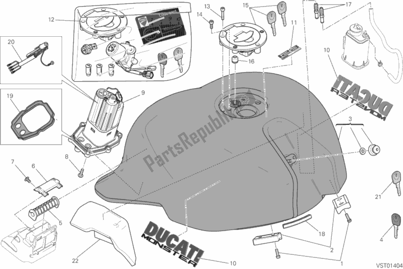 All parts for the Fuel Tank of the Ducati Monster 821 USA 2015